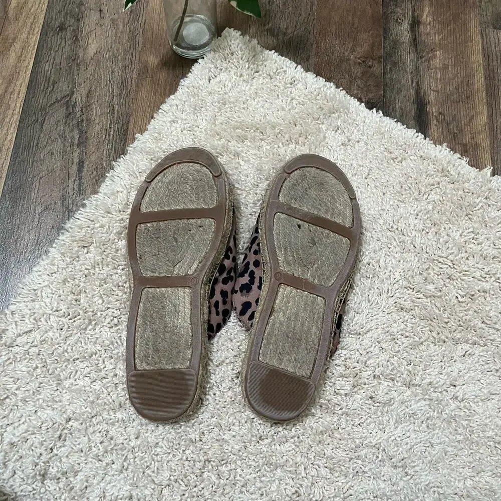 J.crew Size 9 Brown Black Leopard Print Canvas Slip-On Espadrille Mule Flats